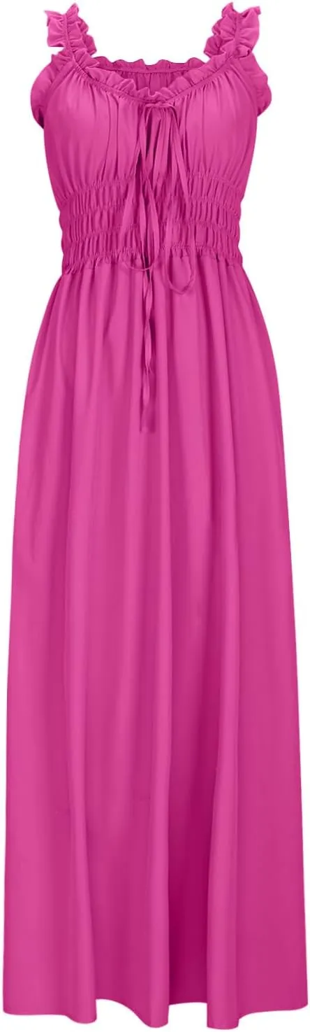 Summer Dresses for Women 2025 Trendy Sleeveless Beach Long Flowy Dresses Smocked Ruffle Maxi Sundress
