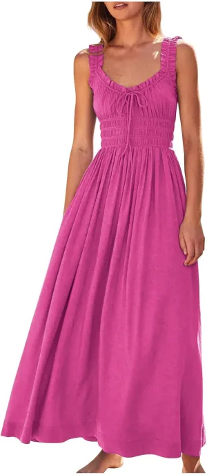 Summer Dresses for Women 2025 Trendy Sleeveless Beach Long Flowy Dresses Smocked Ruffle Maxi Sundress