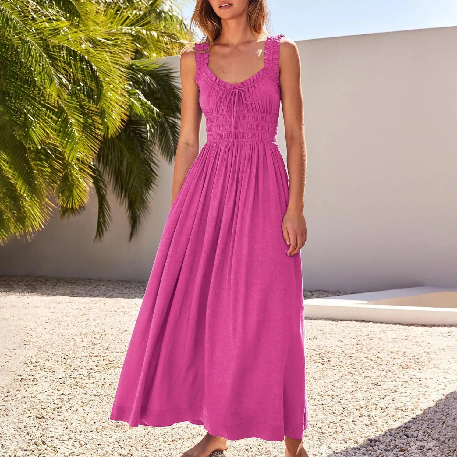 Summer Dresses for Women 2025 Trendy Sleeveless Beach Long Flowy Dresses Smocked Ruffle Maxi Sundress