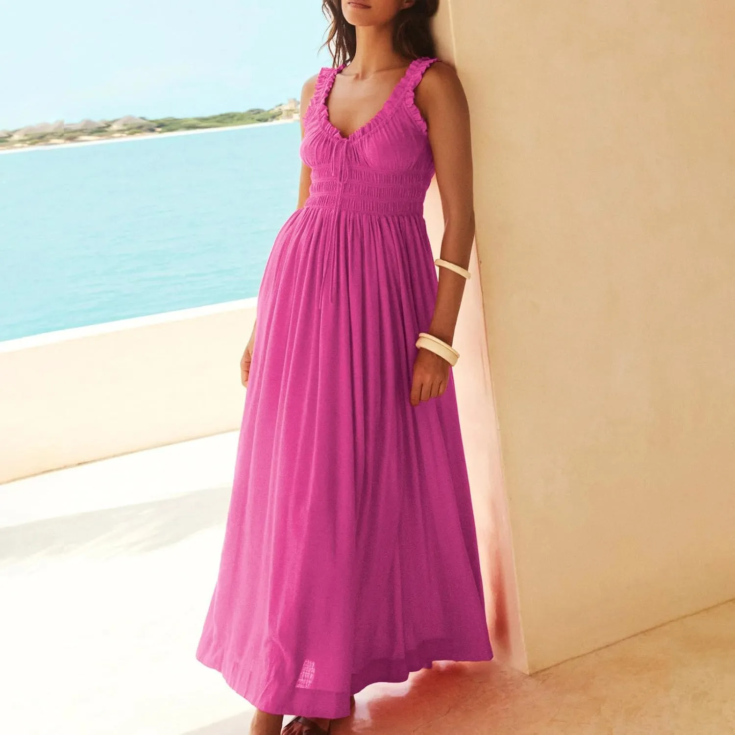 Summer Dresses for Women 2025 Trendy Sleeveless Beach Long Flowy Dresses Smocked Ruffle Maxi Sundress