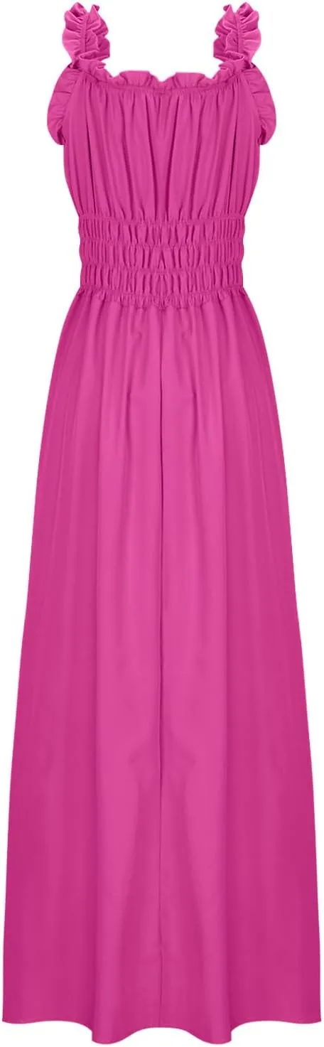 Summer Dresses for Women 2025 Trendy Sleeveless Beach Long Flowy Dresses Smocked Ruffle Maxi Sundress