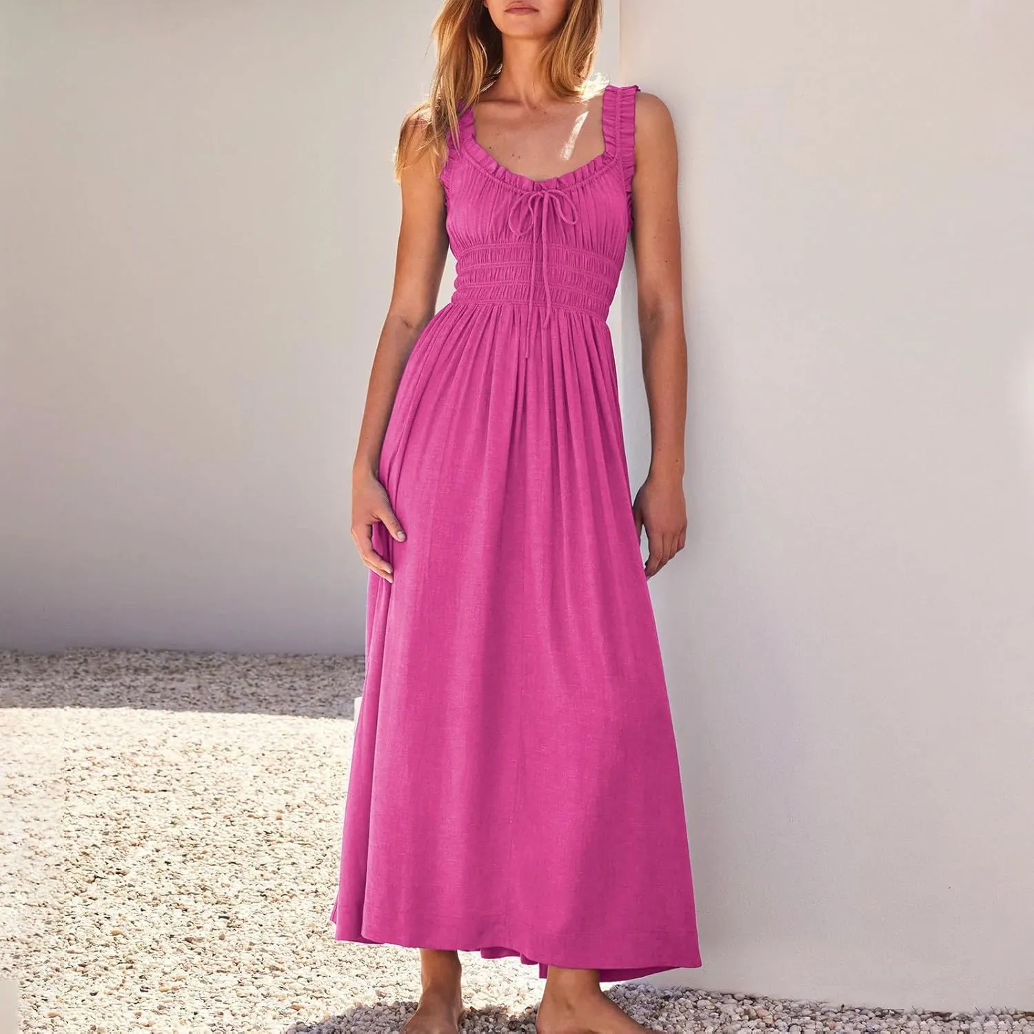 Summer Dresses for Women 2025 Trendy Sleeveless Beach Long Flowy Dresses Smocked Ruffle Maxi Sundress