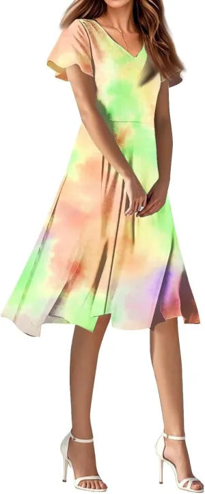 Summer Dresses for Women Casual Short Sleeve V-Neck Flowy Floral Dress Short Party Dress Vacation Travel Outfits