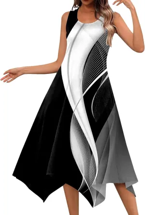 Summer Dresses for Women Elegant Print Swing Hem Tank Midi Dress Casual Plus Size Sleeveless Crew Neck Sundress