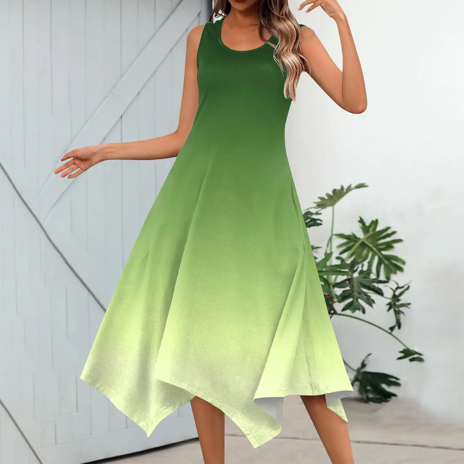 Summer Dresses for Women Elegant Print Swing Hem Tank Midi Dress Casual Plus Size Sleeveless Crew Neck Sundress