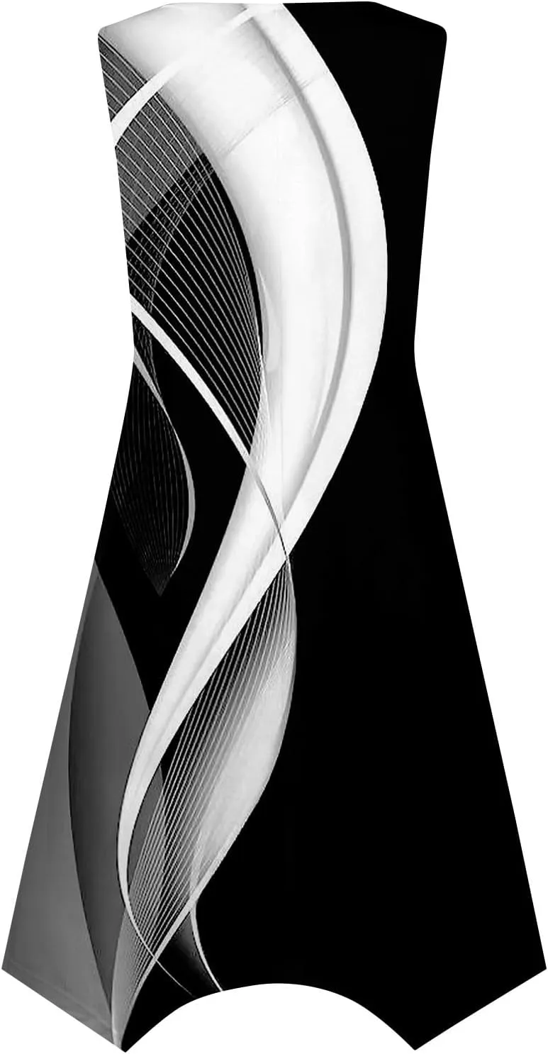 Summer Dresses for Women Elegant Print Swing Hem Tank Midi Dress Casual Plus Size Sleeveless Crew Neck Sundress