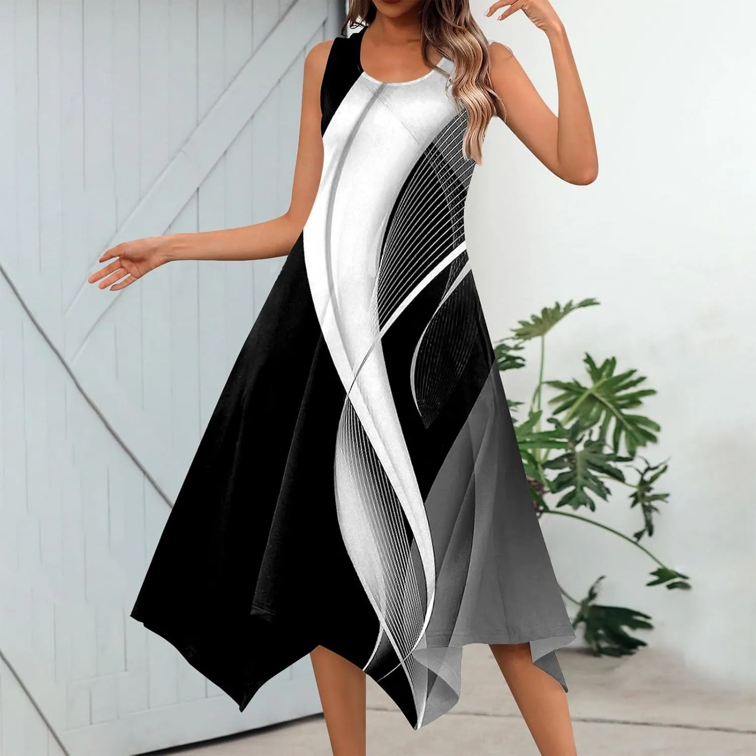 Summer Dresses for Women Elegant Print Swing Hem Tank Midi Dress Casual Plus Size Sleeveless Crew Neck Sundress
