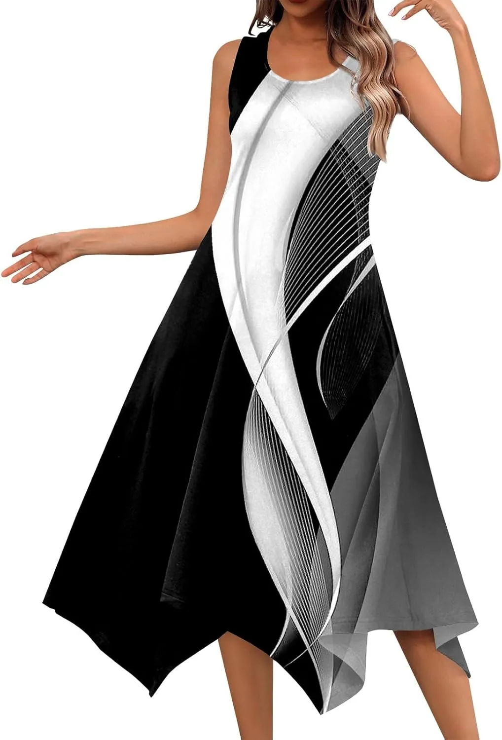 Summer Dresses for Women Elegant Print Swing Hem Tank Midi Dress Casual Plus Size Sleeveless Crew Neck Sundress