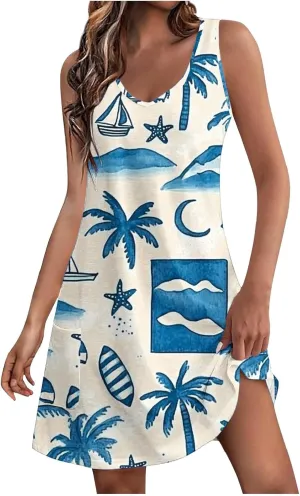 Summer Dresses for Women's Casual Beach Boho Dress Sleeveless Crewneck Tank Dress Loose Short Sundresses with Pockets
