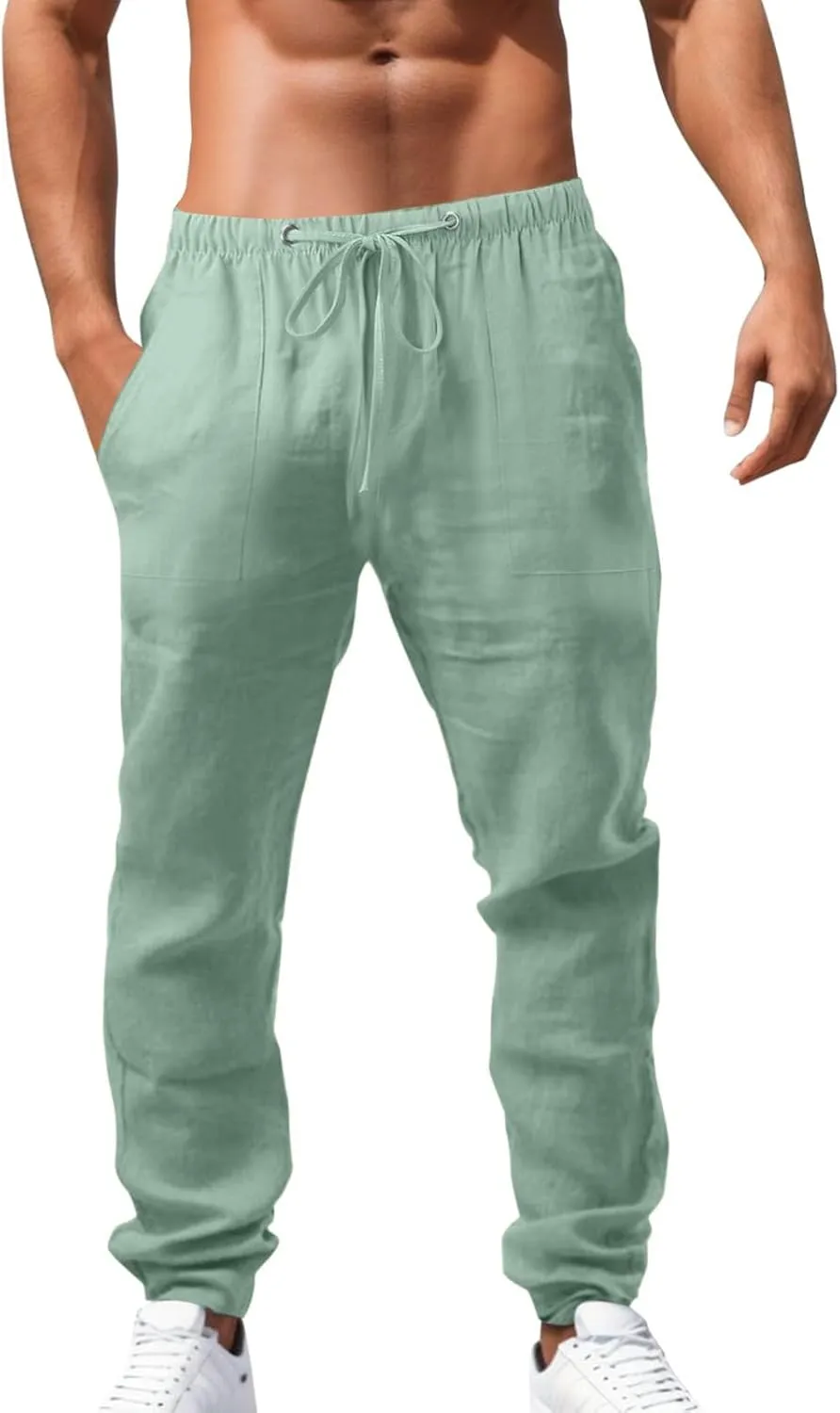 Summer Linen Pants for Men Workout Track Pant Stretch Elastic Waist Classic Fit Trousers Gym Golf Sweatpants Black Chino Mens Yoga Pants