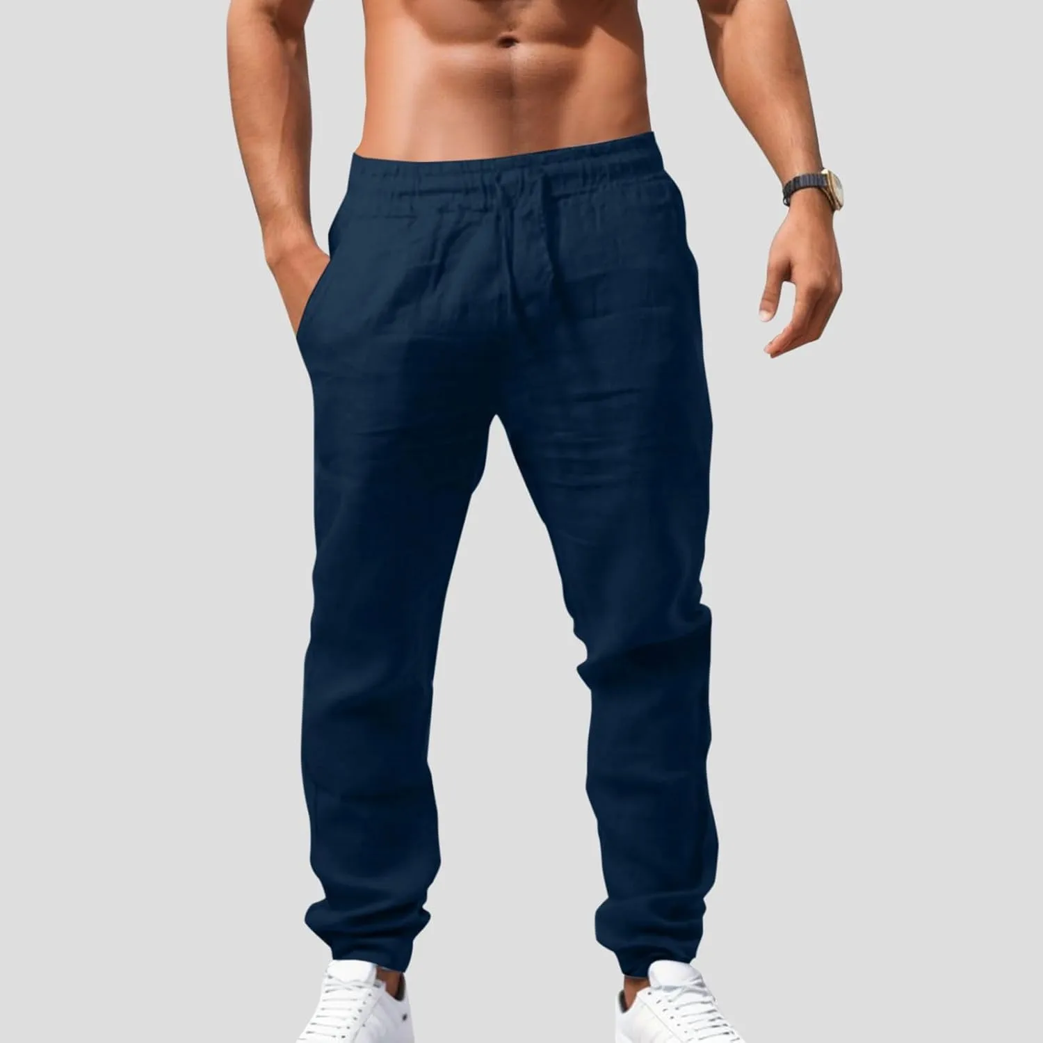 Summer Linen Pants for Men Workout Track Pant Stretch Elastic Waist Classic Fit Trousers Gym Golf Sweatpants