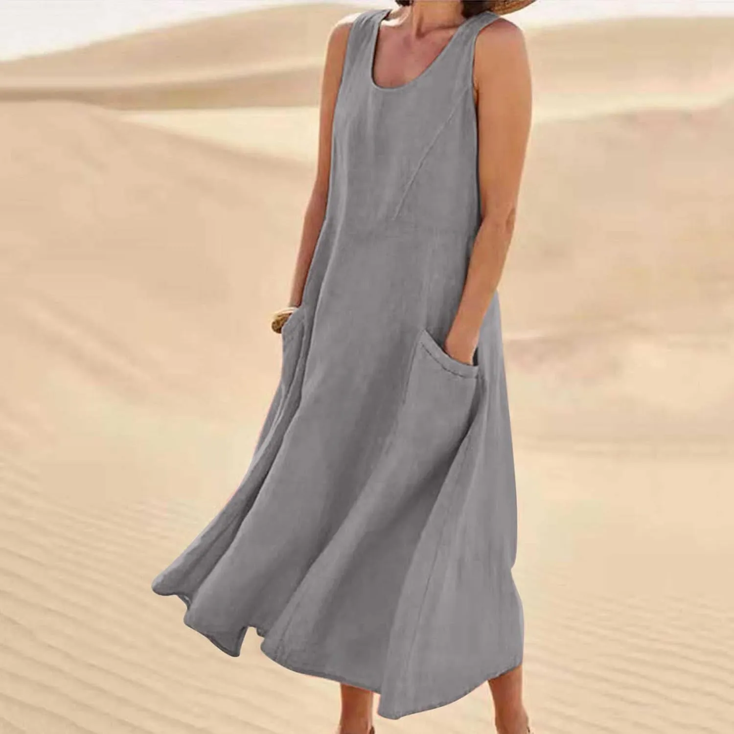 Summer Spring Dresses for Women 2025 Plus Size Sleeveless Cotton Linen Tank Dress Casual Beach Sundress with Pockets