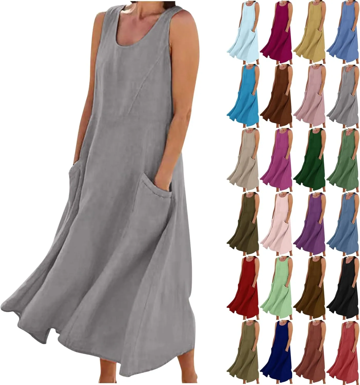 Summer Spring Dresses for Women 2025 Plus Size Sleeveless Cotton Linen Tank Dress Casual Beach Sundress with Pockets