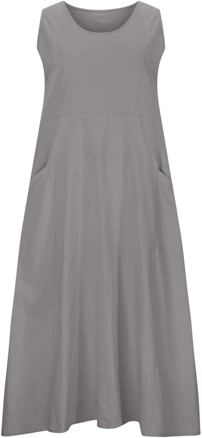Summer Spring Dresses for Women 2025 Plus Size Sleeveless Cotton Linen Tank Dress Casual Beach Sundress with Pockets