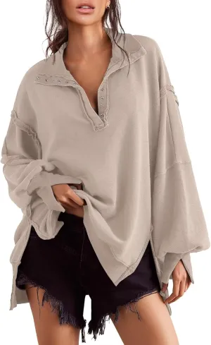 Sweatshirt for Women Fall Clothing for Women 2024 Trendy Henley Pullover Button Sweatshirts Tunic Tops S-2xl