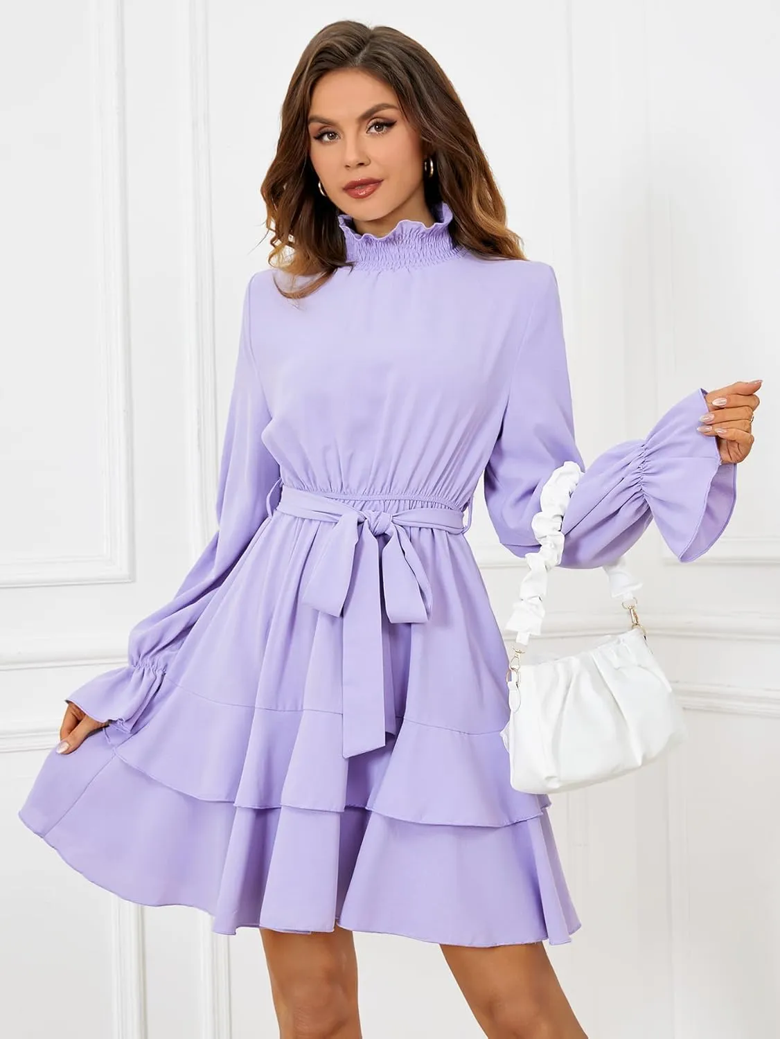 SweatyRocks Women's Elegant High Neck Flounce Sleeve High Waist Ruffle Belted Party Mini Dress