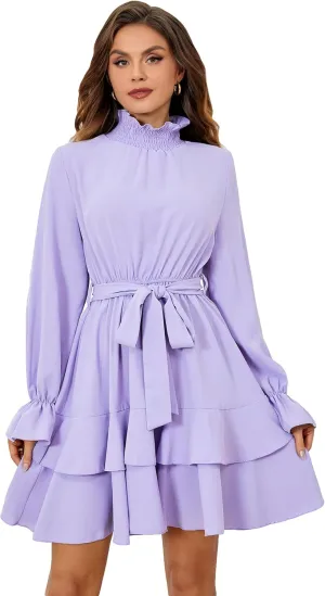 SweatyRocks Women's Elegant High Neck Flounce Sleeve High Waist Ruffle Belted Party Mini Dress
