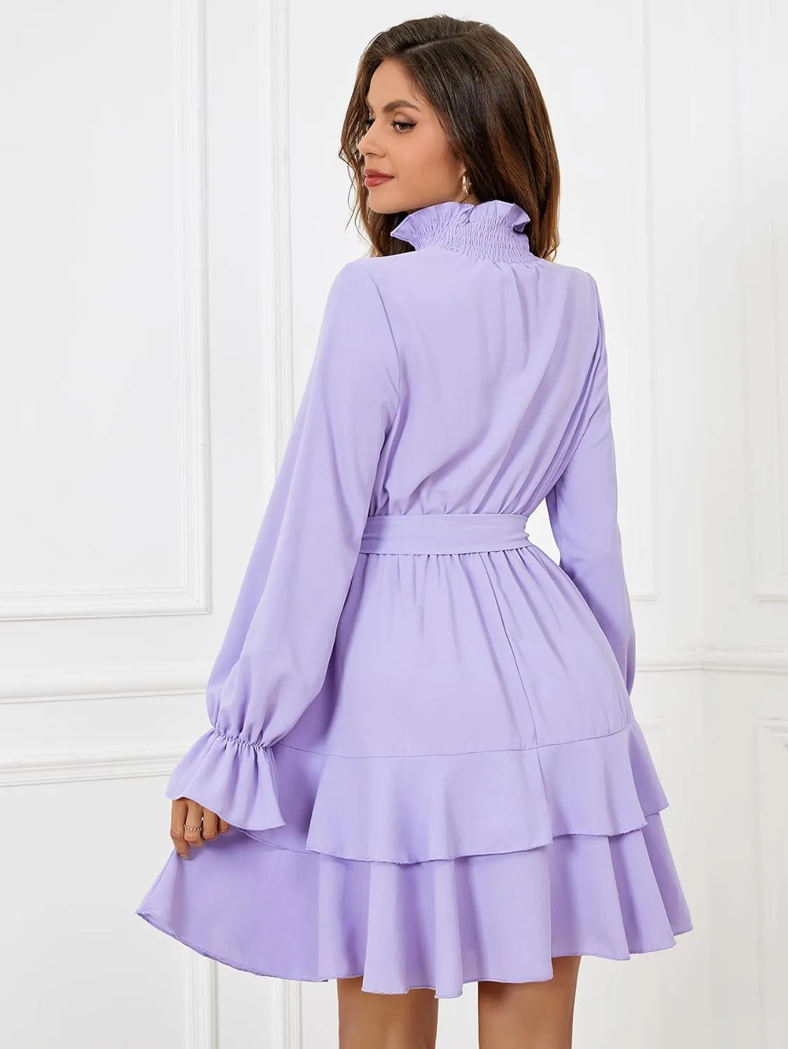 SweatyRocks Women's Elegant High Neck Flounce Sleeve High Waist Ruffle Belted Party Mini Dress