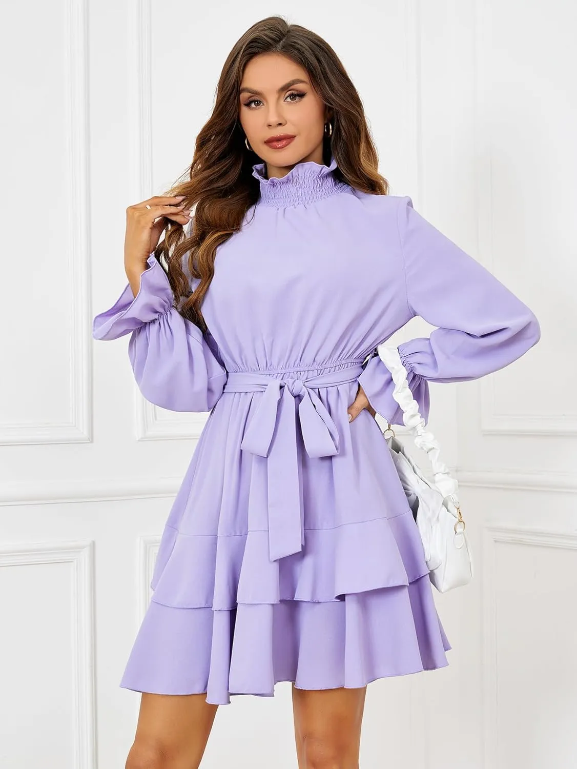 SweatyRocks Women's Elegant High Neck Flounce Sleeve High Waist Ruffle Belted Party Mini Dress