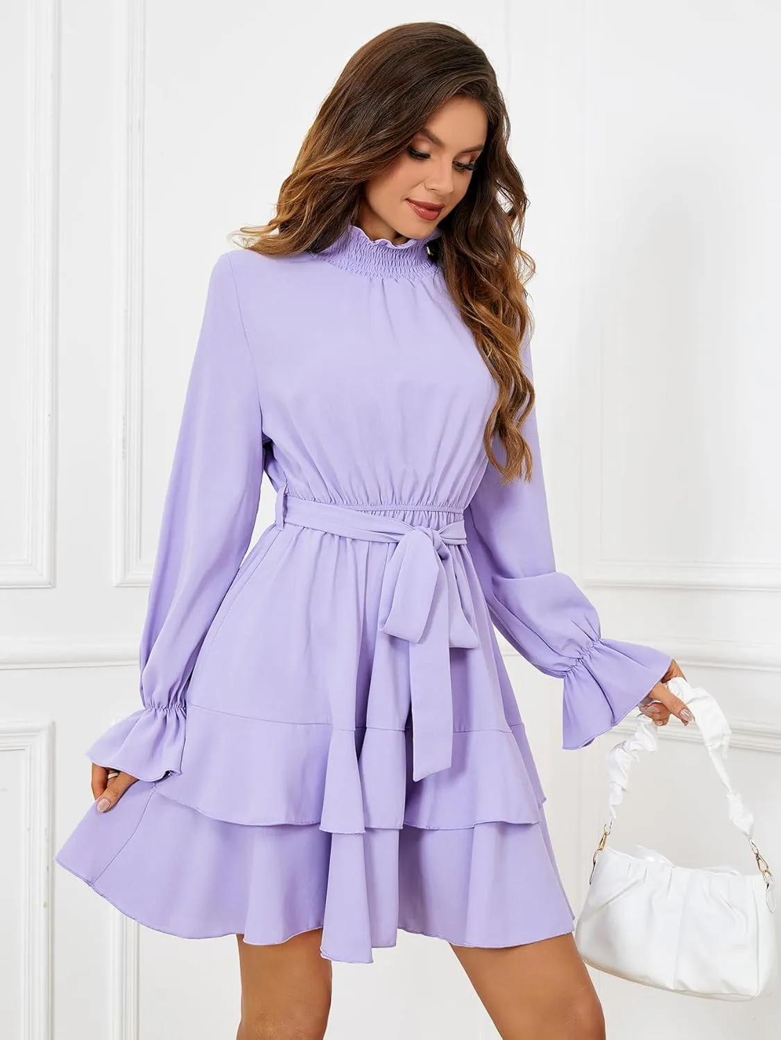 SweatyRocks Women's Elegant High Neck Flounce Sleeve High Waist Ruffle Belted Party Mini Dress