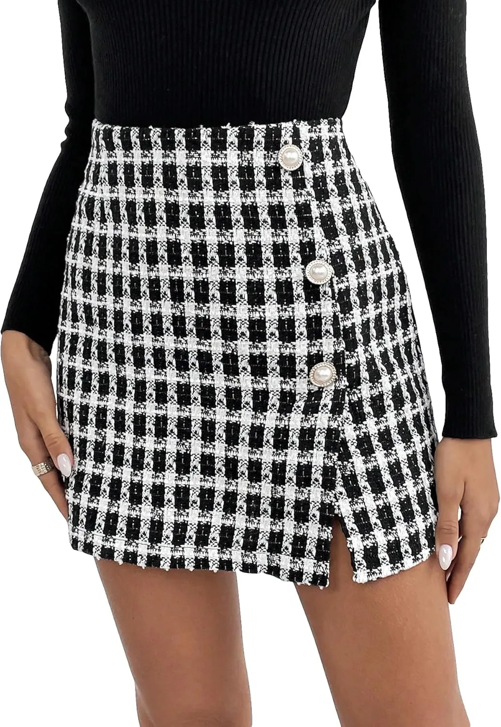 SweatyRocks Women's Elegant High Waist A-line Plaid Tweed Mini Skirt