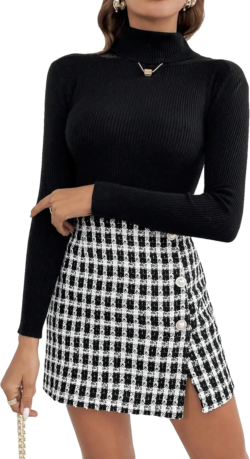 SweatyRocks Women's Elegant High Waist A-line Plaid Tweed Mini Skirt