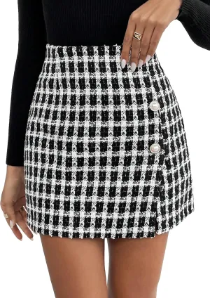 SweatyRocks Women's Elegant High Waist A-line Plaid Tweed Mini Skirt