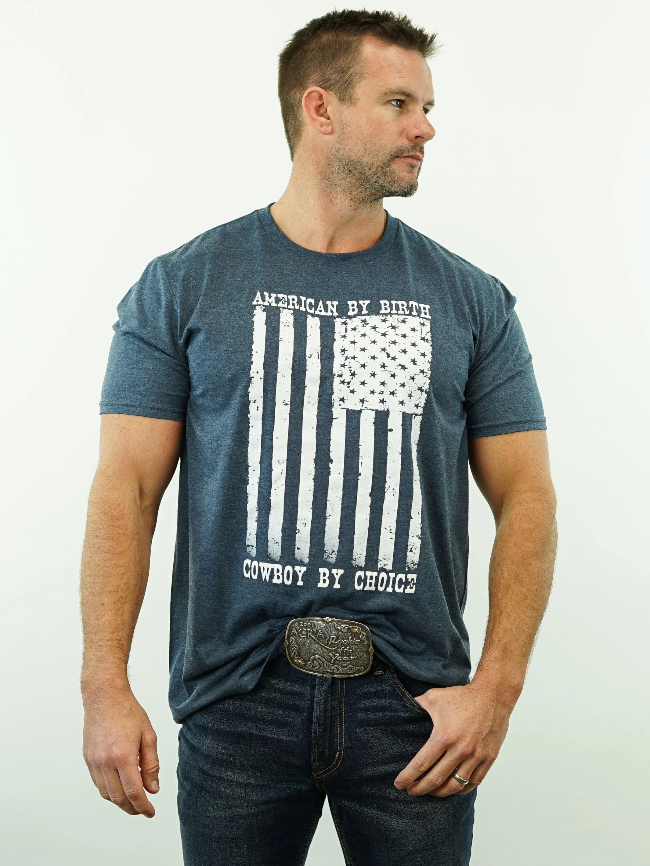 T-Shirt - American By Birth, Cowboy By Choice -  Blue Heather