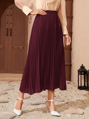 TIMEKE Women's Long Skirt Solid Longline Pleated Skirt High Waist Elegant Midi Skirt