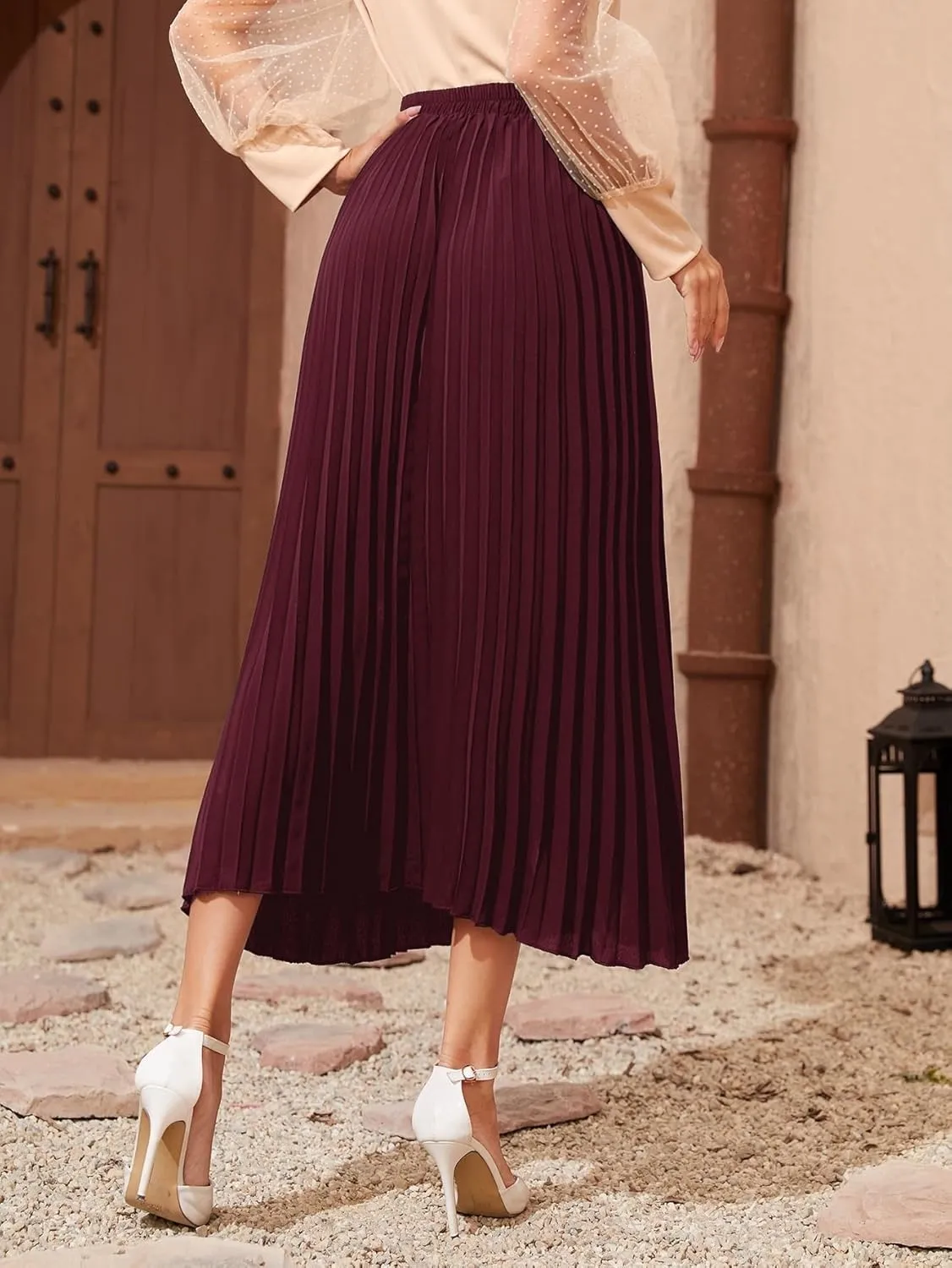 TIMEKE Women's Long Skirt Solid Longline Pleated Skirt High Waist Elegant Midi Skirt