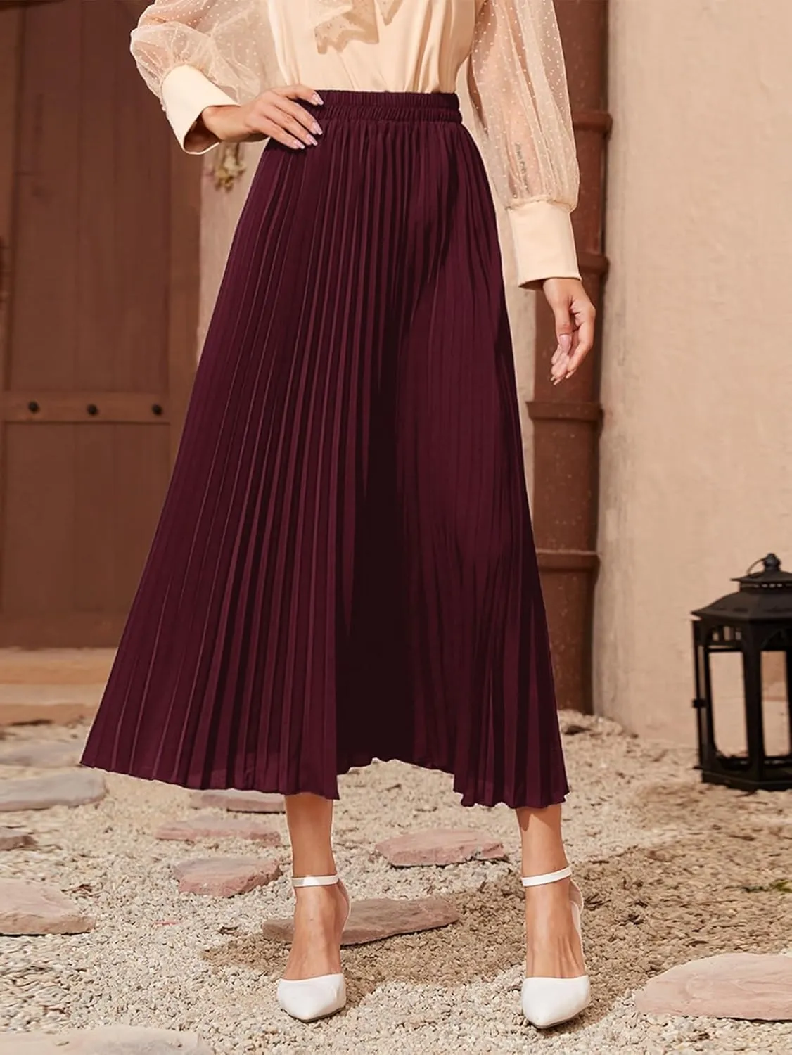 TIMEKE Women's Long Skirt Solid Longline Pleated Skirt High Waist Elegant Midi Skirt