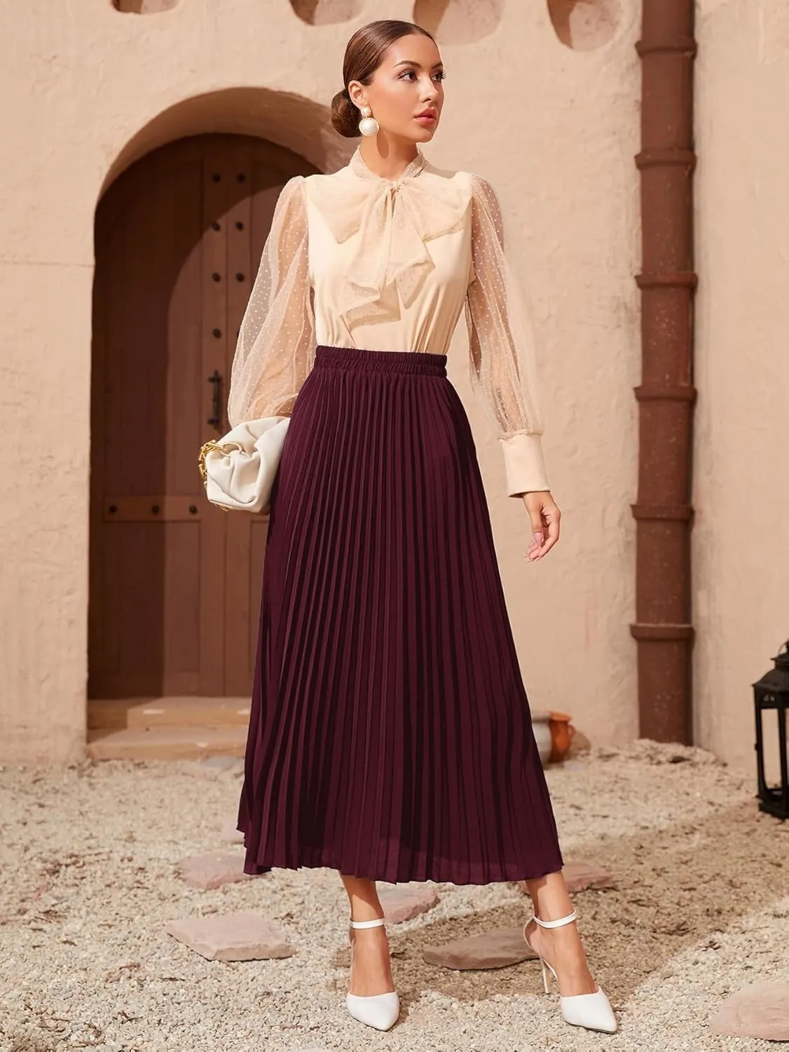TIMEKE Women's Long Skirt Solid Longline Pleated Skirt High Waist Elegant Midi Skirt