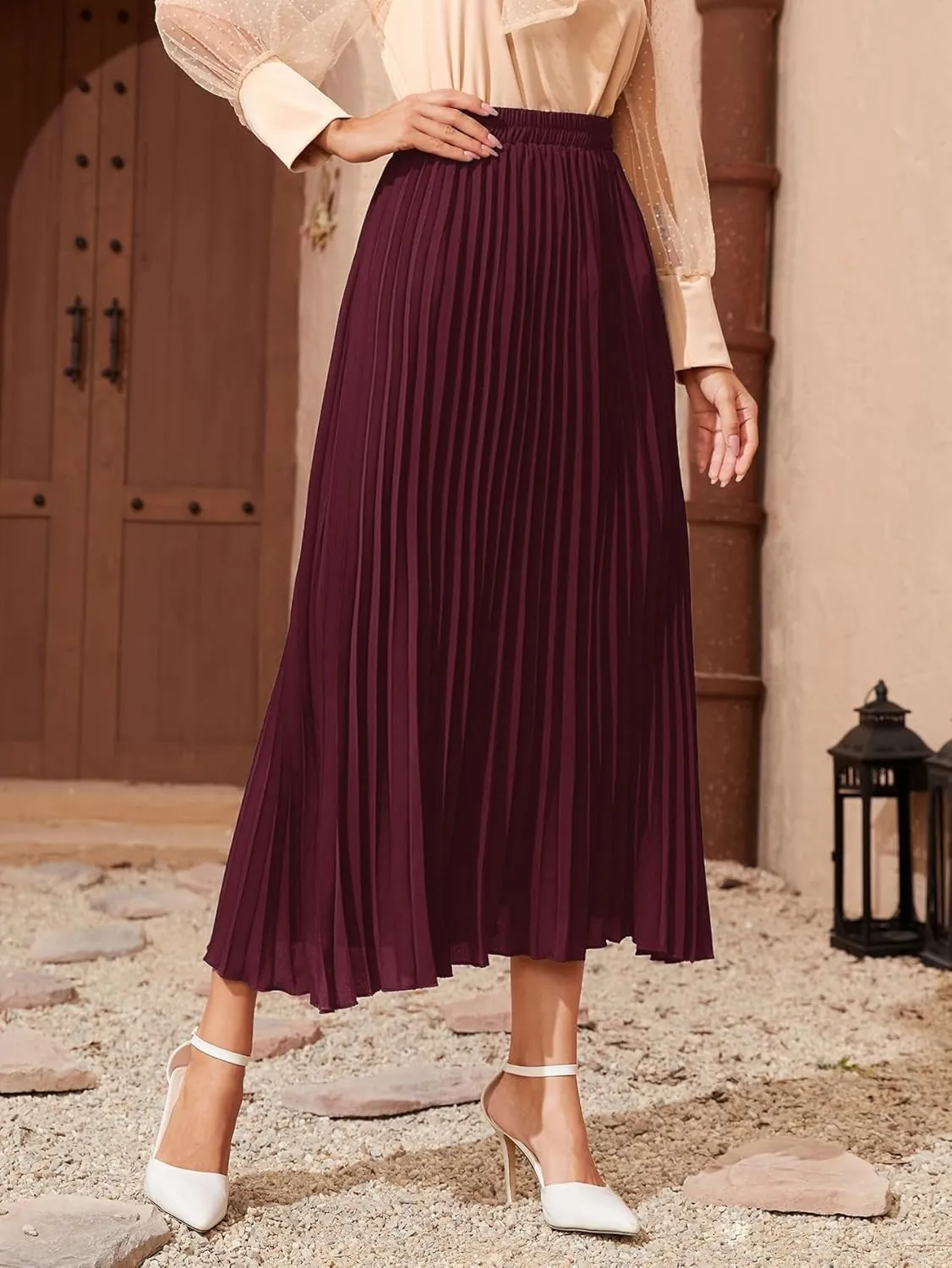 TIMEKE Women's Long Skirt Solid Longline Pleated Skirt High Waist Elegant Midi Skirt