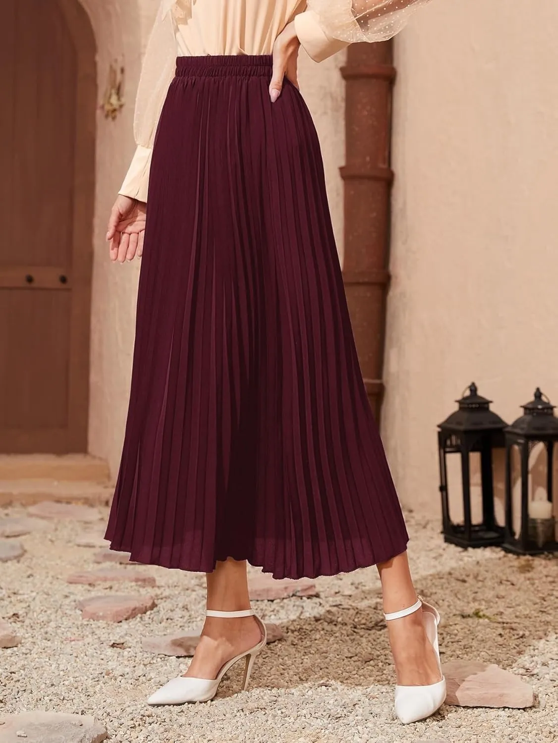 TIMEKE Women's Long Skirt Solid Longline Pleated Skirt High Waist Elegant Midi Skirt