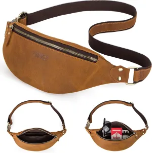 Top Grain Genuine Leather Slim Waist Pack for Man & Woman, Minimalist Vintage Design, Handmade with Detachable Hardware, Slim Fanny Pack Small Crossbody Belt Bag for Traveling or Riding, Brown