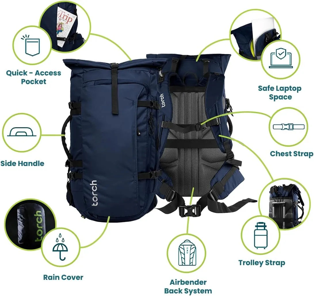 torch Mens Travel Backpack 45l - Carry On Bags for Airplanes Fits 17 Inch Laptop Expandable Backpack Suitcase with Rain Cover - Fujisawa (Navy)