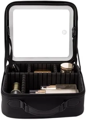 Travel Cosmetic Bag with LED Lighted Mirror, Makeup Train Bag with Adjustable Compartment with Mirror and Detachable(black)