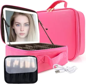 Travel Makeup Bag with LED Mirror and Light Makeup Travel Bag Organizer Portable Cosmetic Brush Organizer Bag with Adjustable Dividers for Cosmetics Makeup Brushes Toiletry (Light Red)