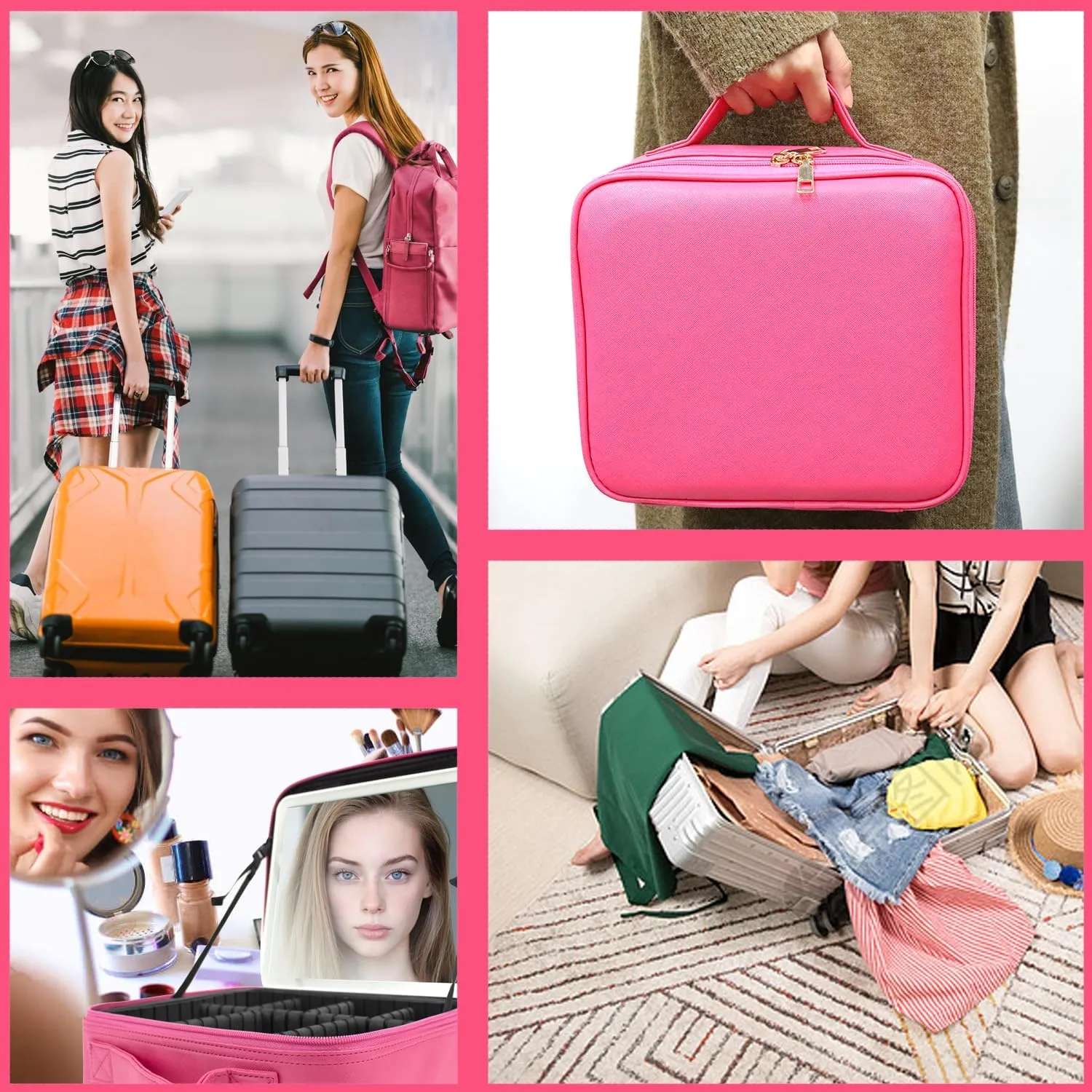 Travel Makeup Bag with LED Mirror and Light Makeup Travel Bag Organizer Portable Cosmetic Brush Organizer Bag with Adjustable Dividers for Cosmetics Makeup Brushes Toiletry (Light Red)