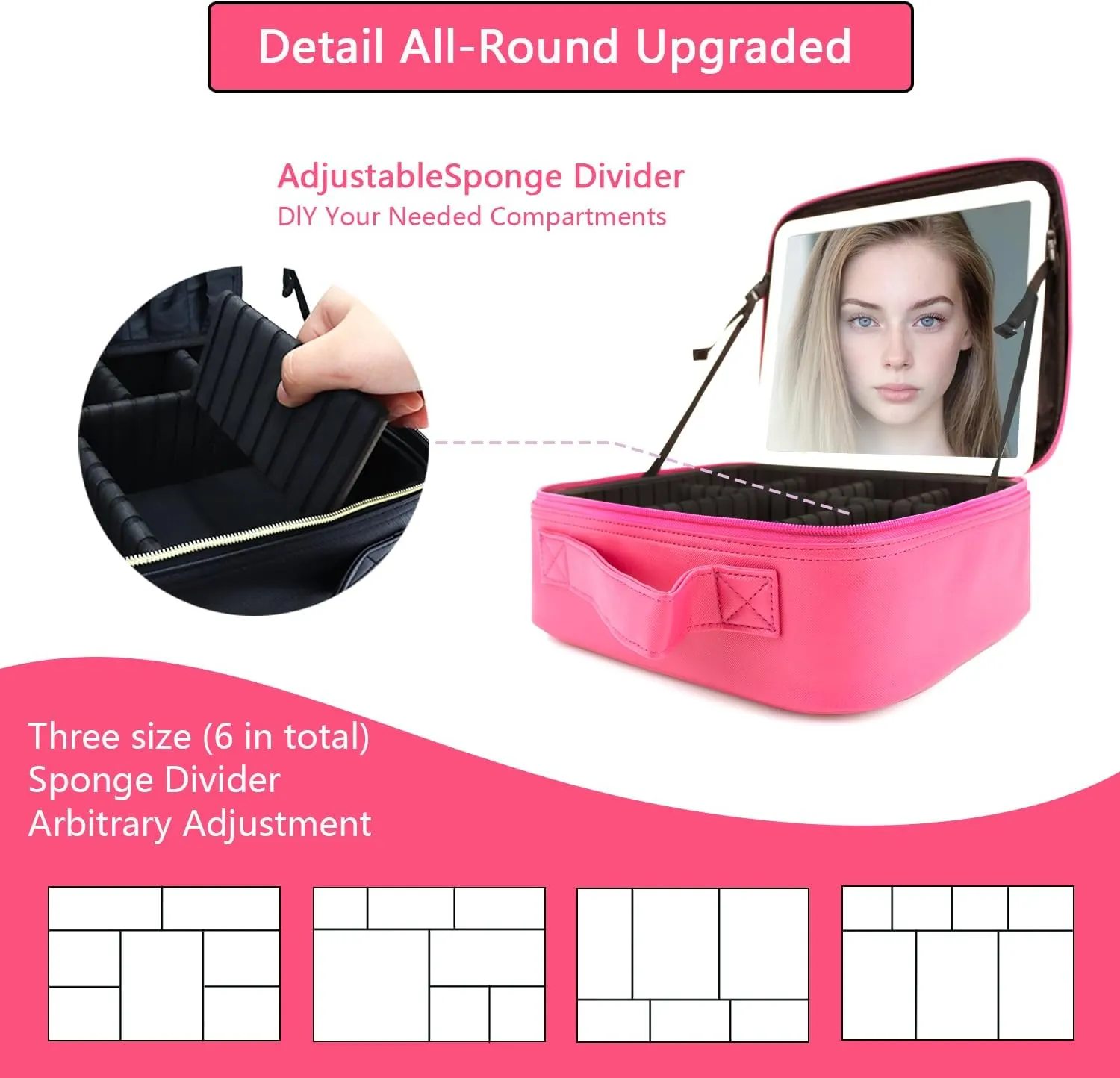 Travel Makeup Bag with LED Mirror and Light Makeup Travel Bag Organizer Portable Cosmetic Brush Organizer Bag with Adjustable Dividers for Cosmetics Makeup Brushes Toiletry (Light Red)