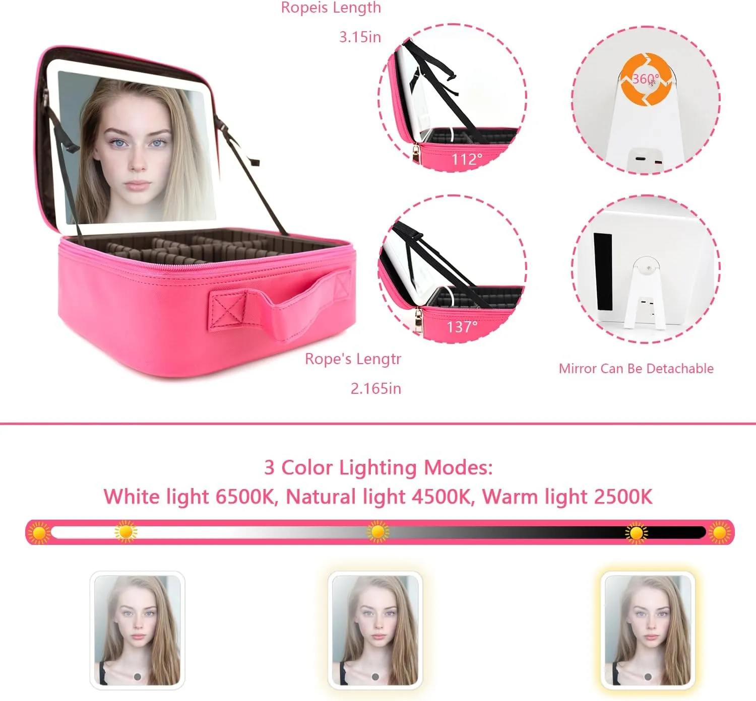 Travel Makeup Bag with LED Mirror and Light Makeup Travel Bag Organizer Portable Cosmetic Brush Organizer Bag with Adjustable Dividers for Cosmetics Makeup Brushes Toiletry (Light Red)