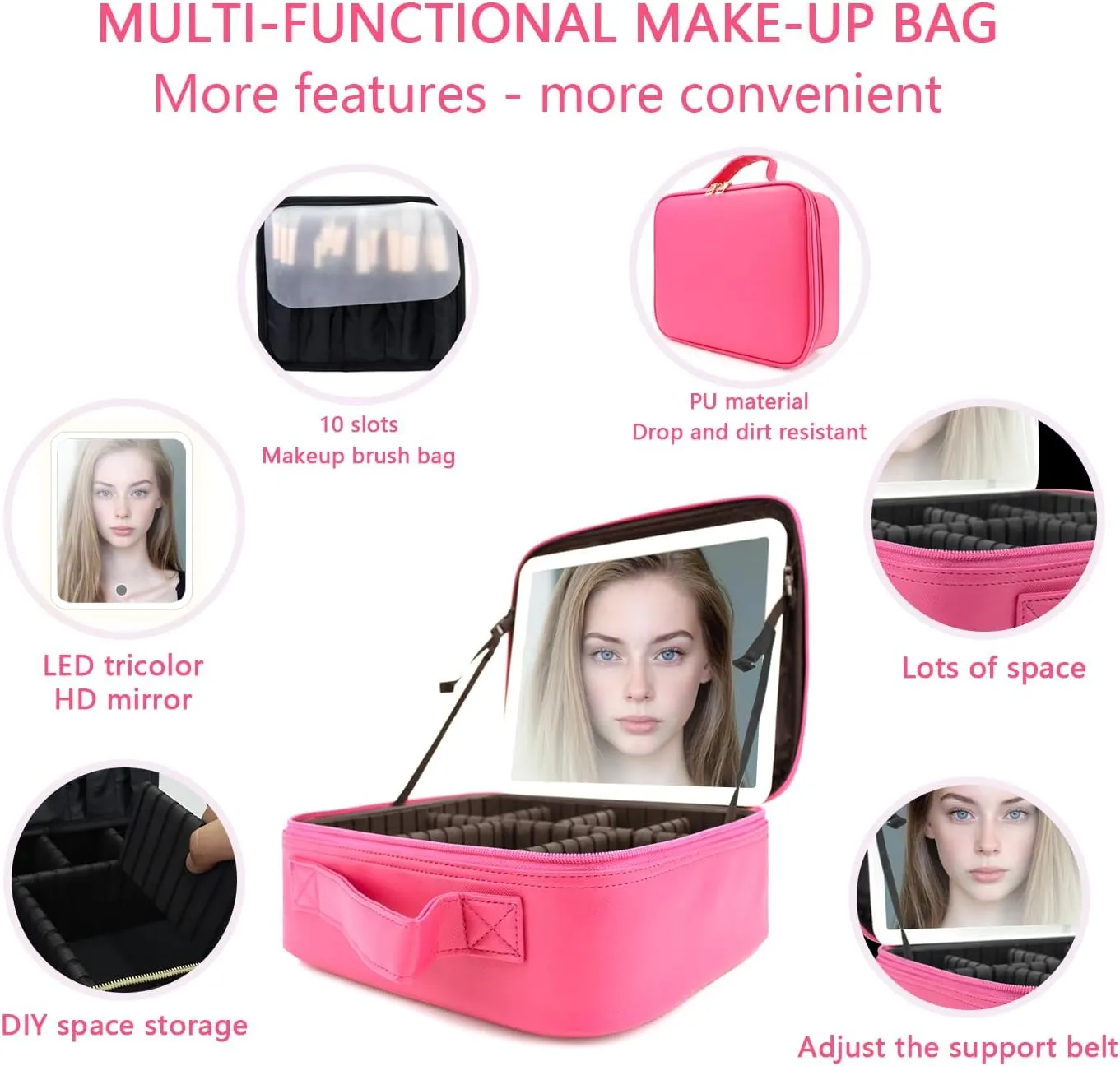 Travel Makeup Bag with LED Mirror and Light Makeup Travel Bag Organizer Portable Cosmetic Brush Organizer Bag with Adjustable Dividers for Cosmetics Makeup Brushes Toiletry (Light Red)