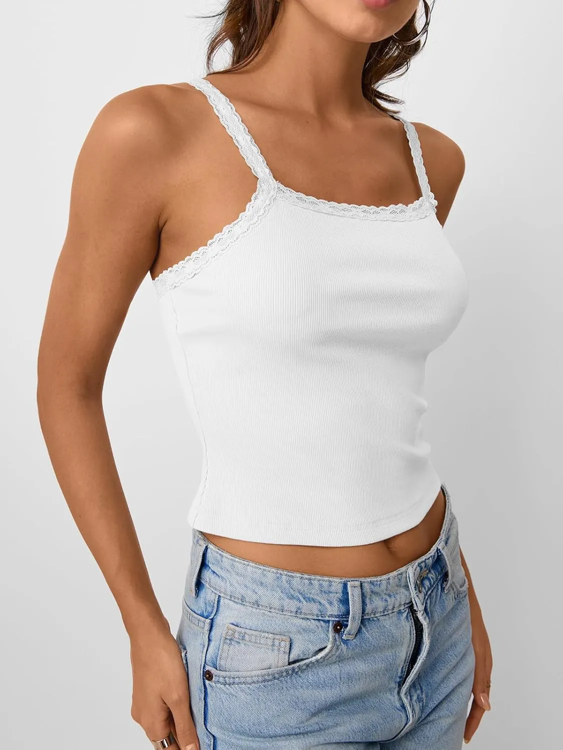 Trendy Queen Camisole Lace Tops for Women Spaghetti Strap Going Out Y2K Summer Crop Tank Top Sleeveless Sexy Basic Shirts