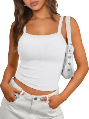 Trendy Queen Camisole Lace Tops for Women Spaghetti Strap Going Out Y2K Summer Crop Tank Top Sleeveless Sexy Basic Shirts