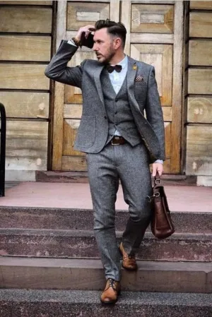 Tweed grey three-piece wedding suit for men