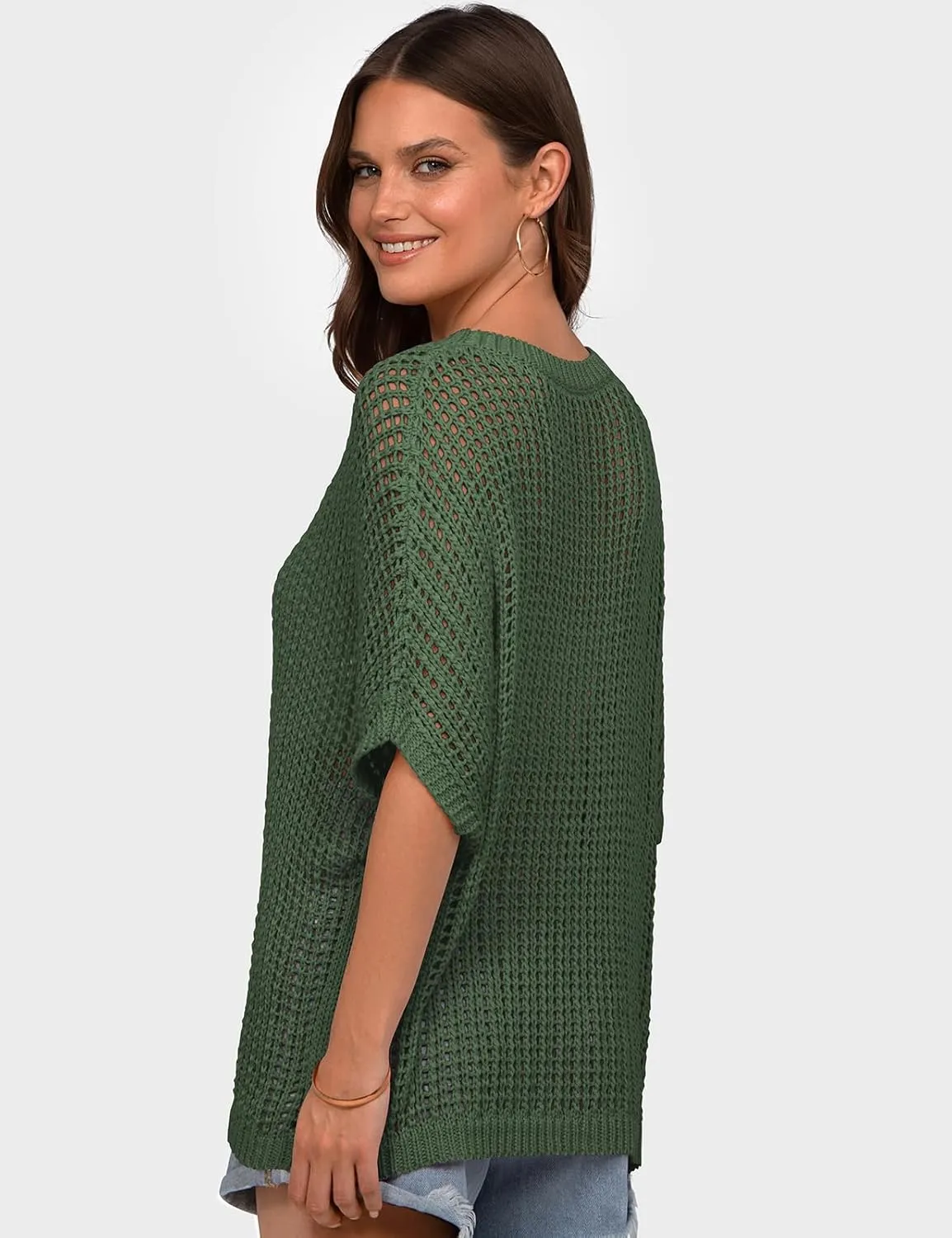 UEU Womens Summer Tops Crochet Short Sleeve Mesh Knit Sweater Shirts Beach Swimsuit Swim Cover Ups 2025 Trendy Outfits