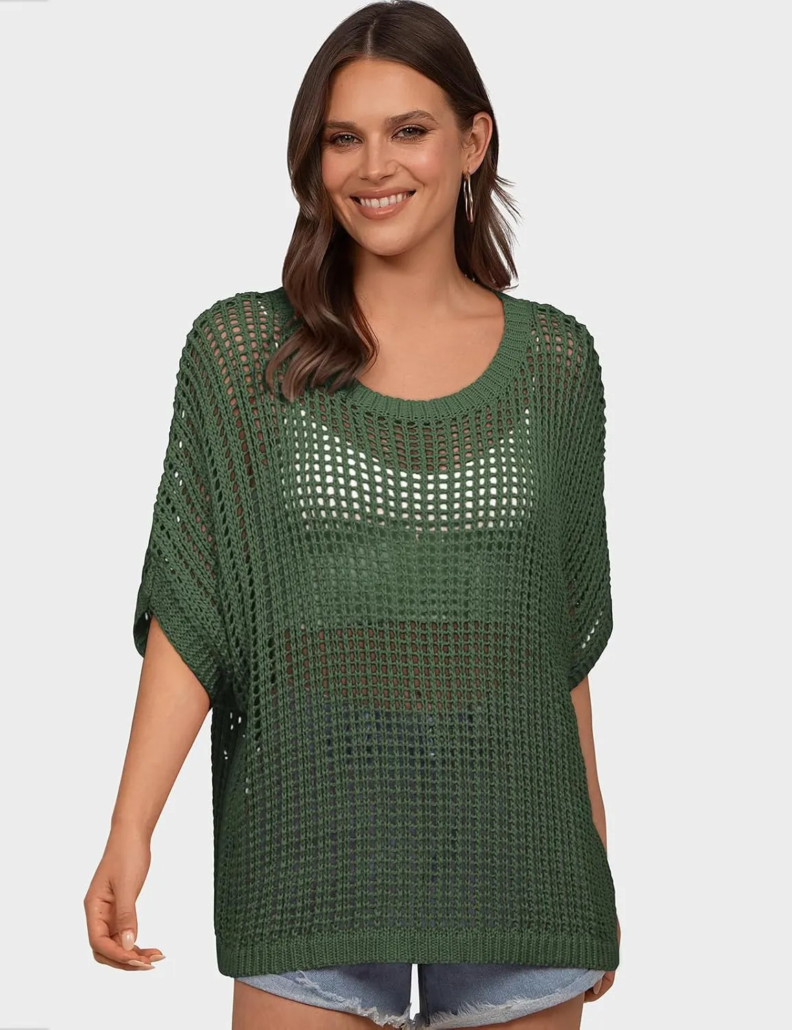 UEU Womens Summer Tops Crochet Short Sleeve Mesh Knit Sweater Shirts Beach Swimsuit Swim Cover Ups 2025 Trendy Outfits