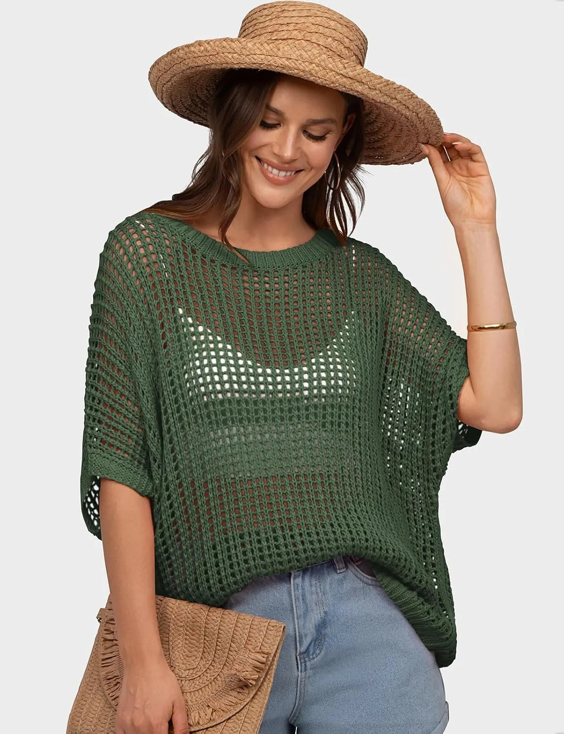 UEU Womens Summer Tops Crochet Short Sleeve Mesh Knit Sweater Shirts Beach Swimsuit Swim Cover Ups 2025 Trendy Outfits