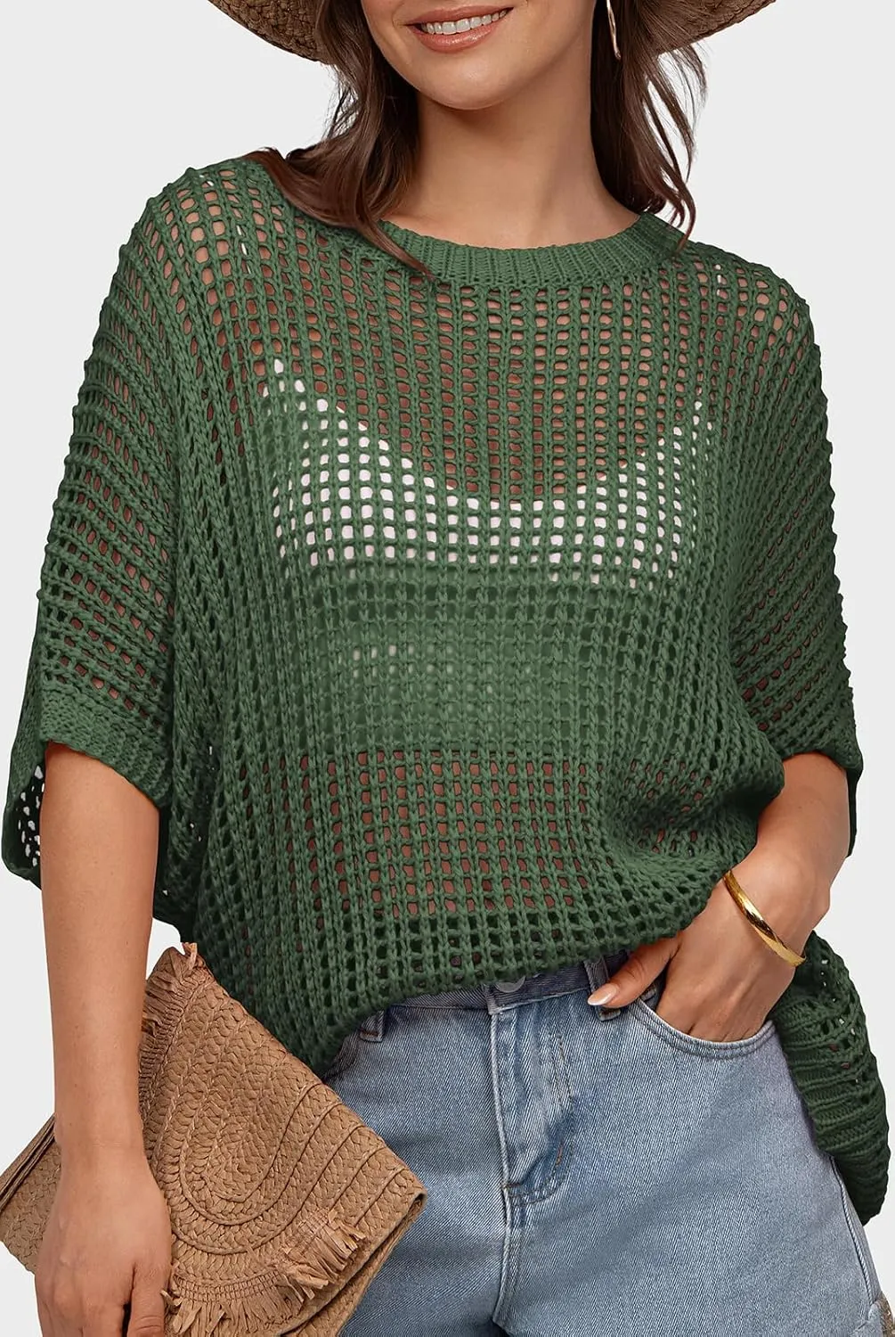 UEU Womens Summer Tops Crochet Short Sleeve Mesh Knit Sweater Shirts Beach Swimsuit Swim Cover Ups 2025 Trendy Outfits