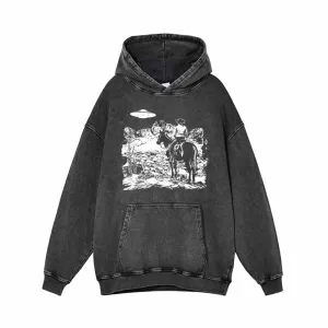 UFO And Western Cowboy Print Vintage Washed Hoodie